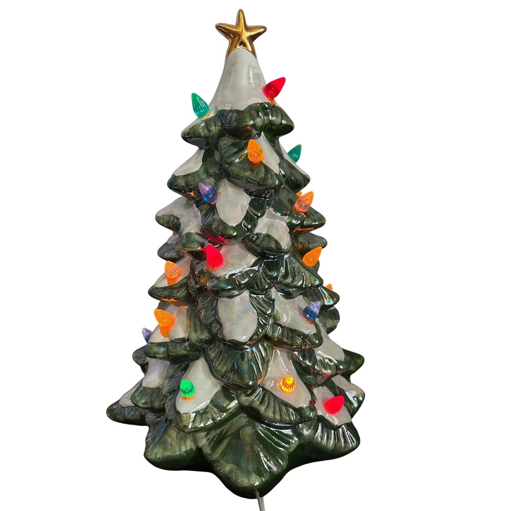 Vintage‎ Ceramic Light Up Christmas Tree Green with Snow Flocking and Gold Star